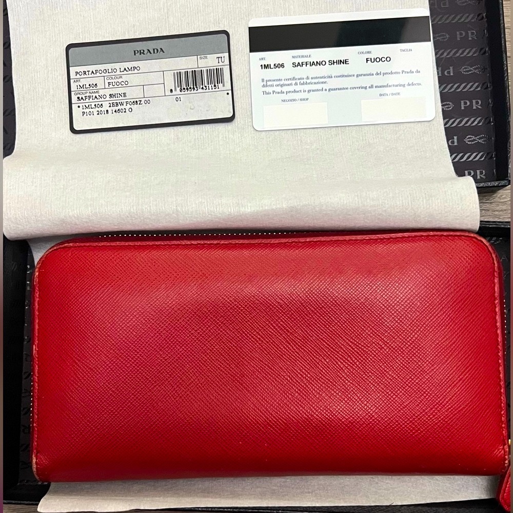 Auth PRADA Bundle Long Wallet Saffiano Shine Fuoco Red Leather, Box & Card - Picture 2 of 12